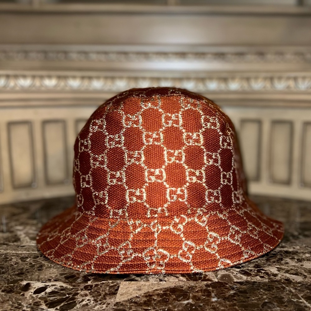 Gucci Canvas Lame GG Monogram Bucket Hat S Burnt Orange Silver - Picture 3 of 7